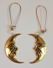 Moon Face Dangle Earrings Gold Tone Celestial Crescent Moon Statement