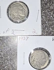 (2) 1937 VG+ Buffalo Nickel 5C Coin Lot,  25C Combine Ship