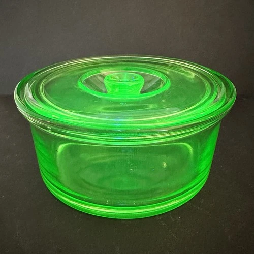 Uranium Glass Hazel Atlas Green Depression Glass Round Dish with Lid