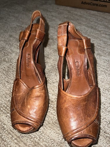 Chloe Peep Toe Wood Heel Brown Size 38