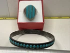 Vintage Sterling Silver Turquoise ring and bracelet Inlay Signet Ring Size 12