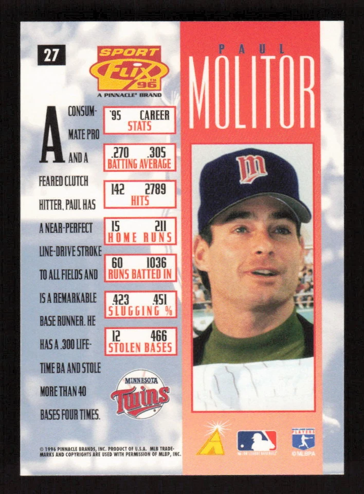 1996 Sportflix  #27 Paul Molitor  Minnesota Twins - Image 2 of 2