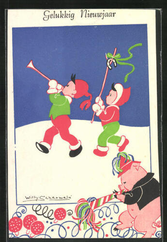 Carte postale d'artiste Willy Schermele : deux garçons et un cochon avec consolation, vœux du Nouvel An  - Photo 1 sur 2
