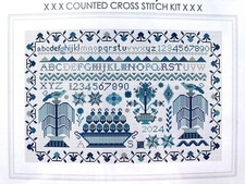 Counted Cross Stitch Kit REBECCA Alphabet Trees Sampler Blues Aida 14 Riverdrift