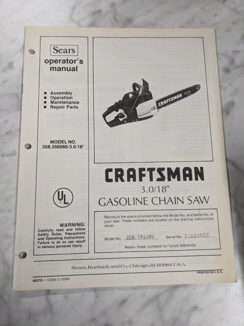 SEARS CRAFTSMAN CHAIN SAW OPERATOR SERVICE MANUAL PARTS LIST 358.356080 ...