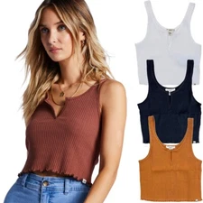 Billabong Women's Notch Tank Ribbed Knit Cropped Sleeveless Tank Top Tee T-Shirt