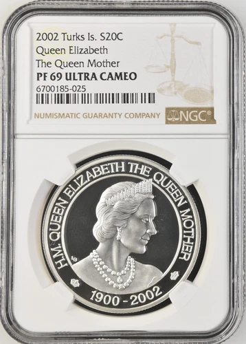 2002 TURKS SILVER 20 CROWN QUEEN ELIZABETH THE QUEEN MOTHER-NGC PF69 ULTRA CAMEO