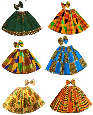 2 Pcs African Print Kids Kente Ankara Above Knee Skirt & Clip Bow 