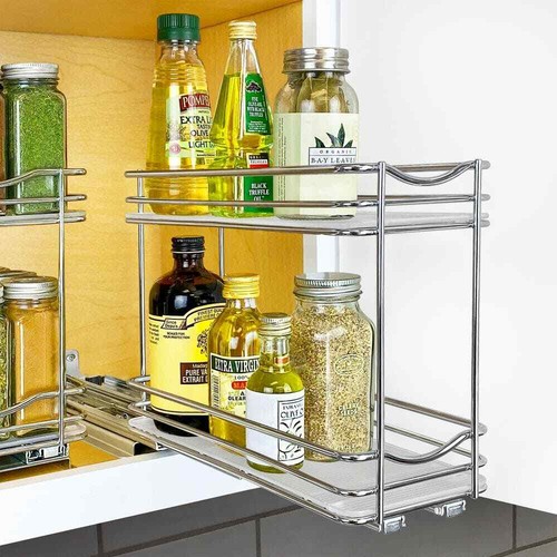 Slide Out Spice Rack Pull Out Cabinet Organizer 4-1/4 In. Wide - Double, Chrome - Picture 9 of 10