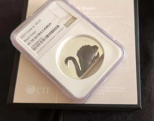 2023 Cook Islands $10 Black Swan 2oz Black Proof Silver High Relief NGC PF70 OGP