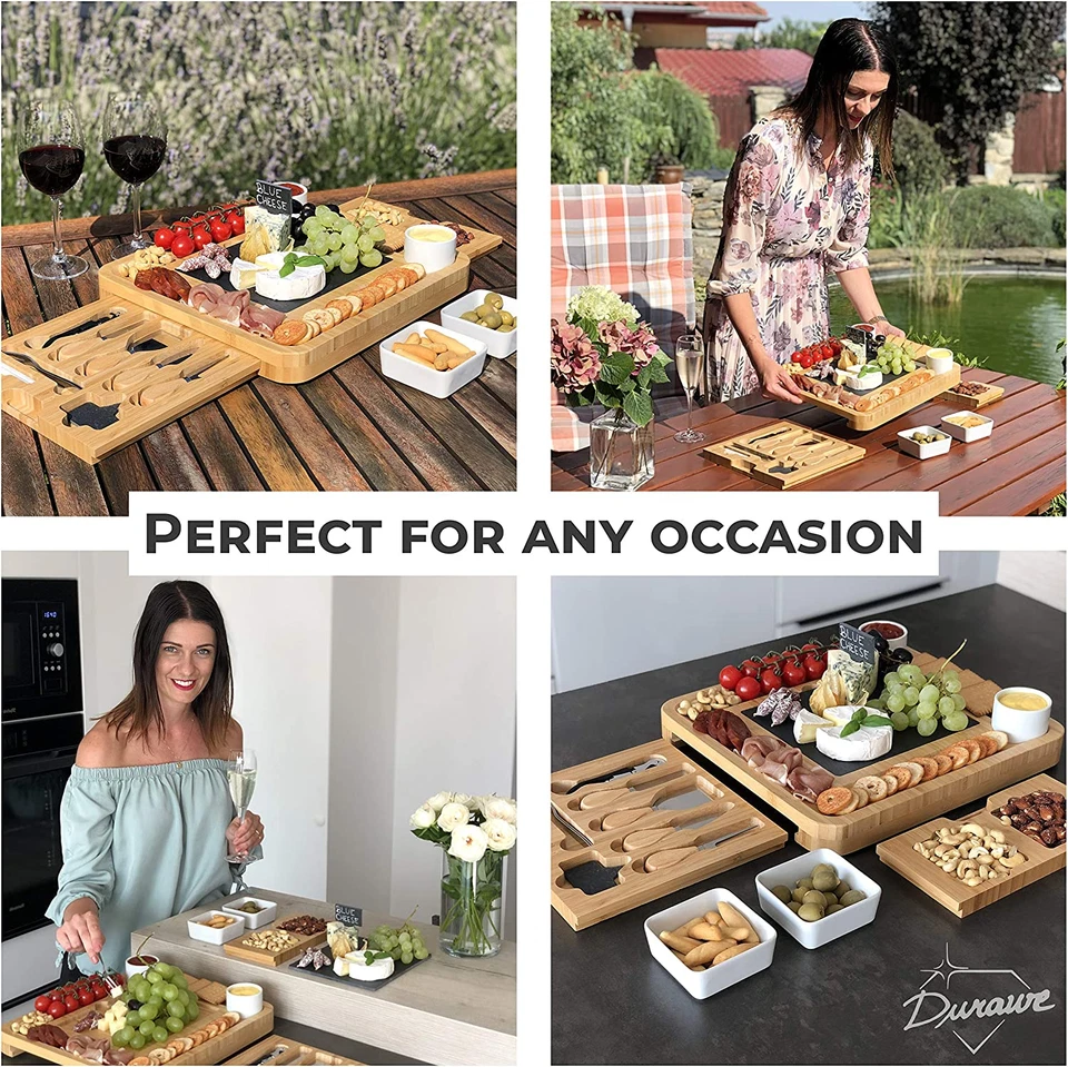 Tagliere in Bambù per Formaggi E Set Di Coltelli, Ciotole Di Ceramica E Apribott - Immagine 4 di 4