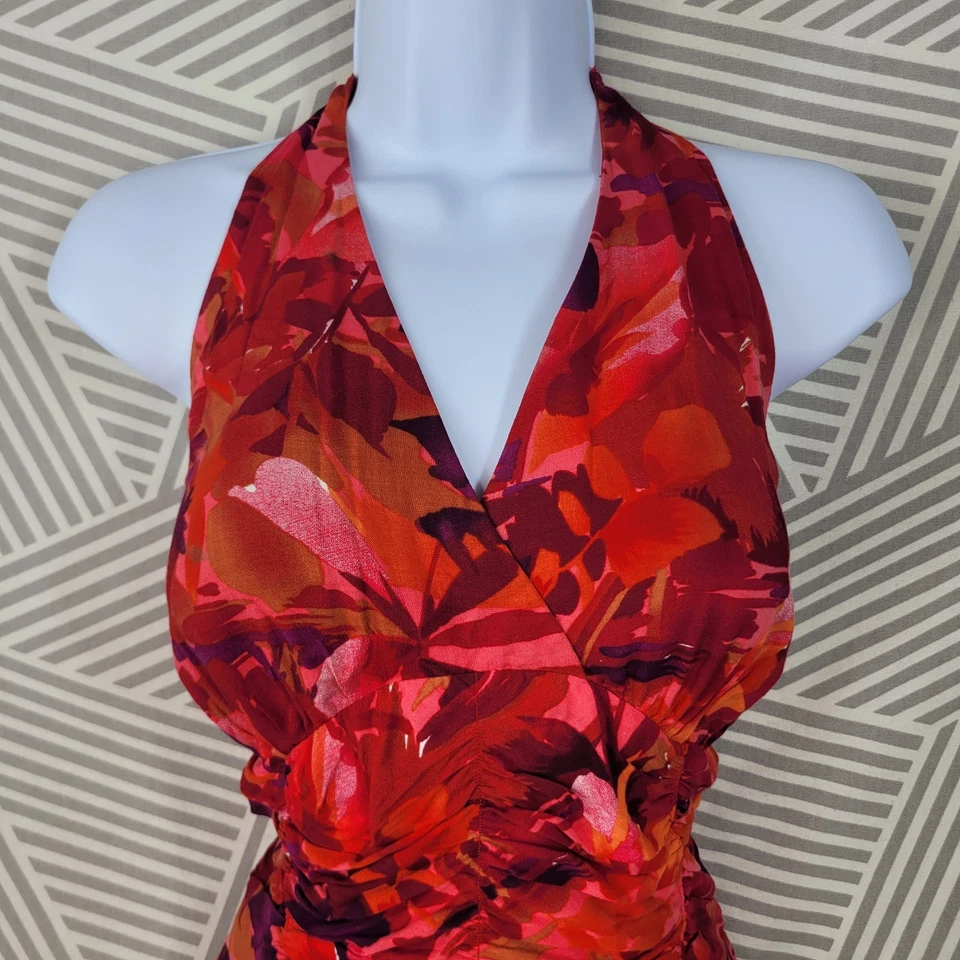 Винтажный Y2K размер 8 платье вечеринки событие с бретелью через шею тропический Flare юбка красный гофрированный назад - Изображение 4 из 4