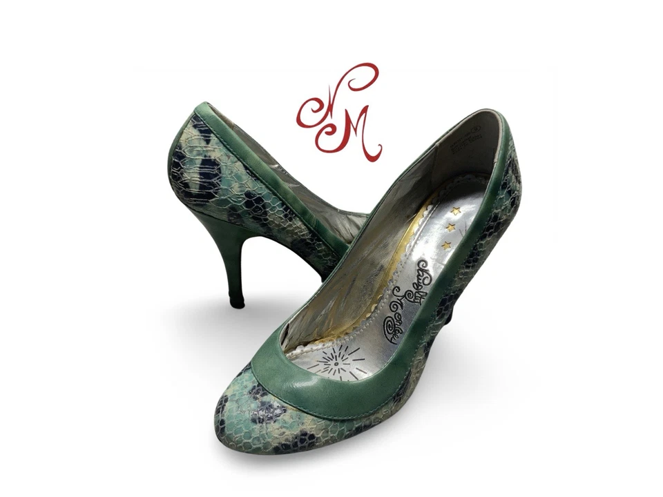 NAUGHTY MONKEY Snake Print Size 8.5 Leather High Heels Chain Belt Peep Toe - Image 2 of 4