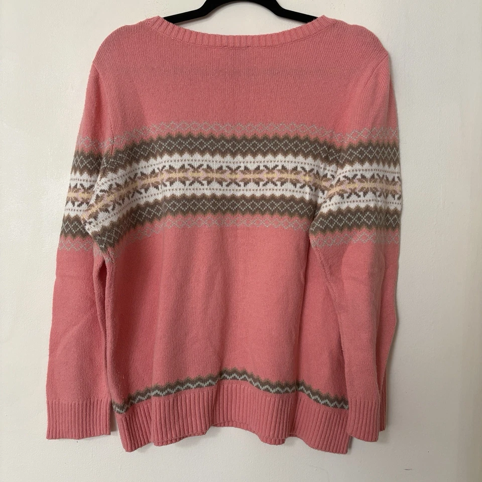 Talbots Plus 1X Fair Isle Knit Sweater Pink Merino Cotton Cozy Winter Cabincore - Image 2 of 4