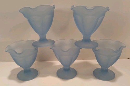Set Of 5 Vintage Glass Frosted Fountain Ware Sundae Ice Cream Cups In Satin Blue - Picture 2 of 7