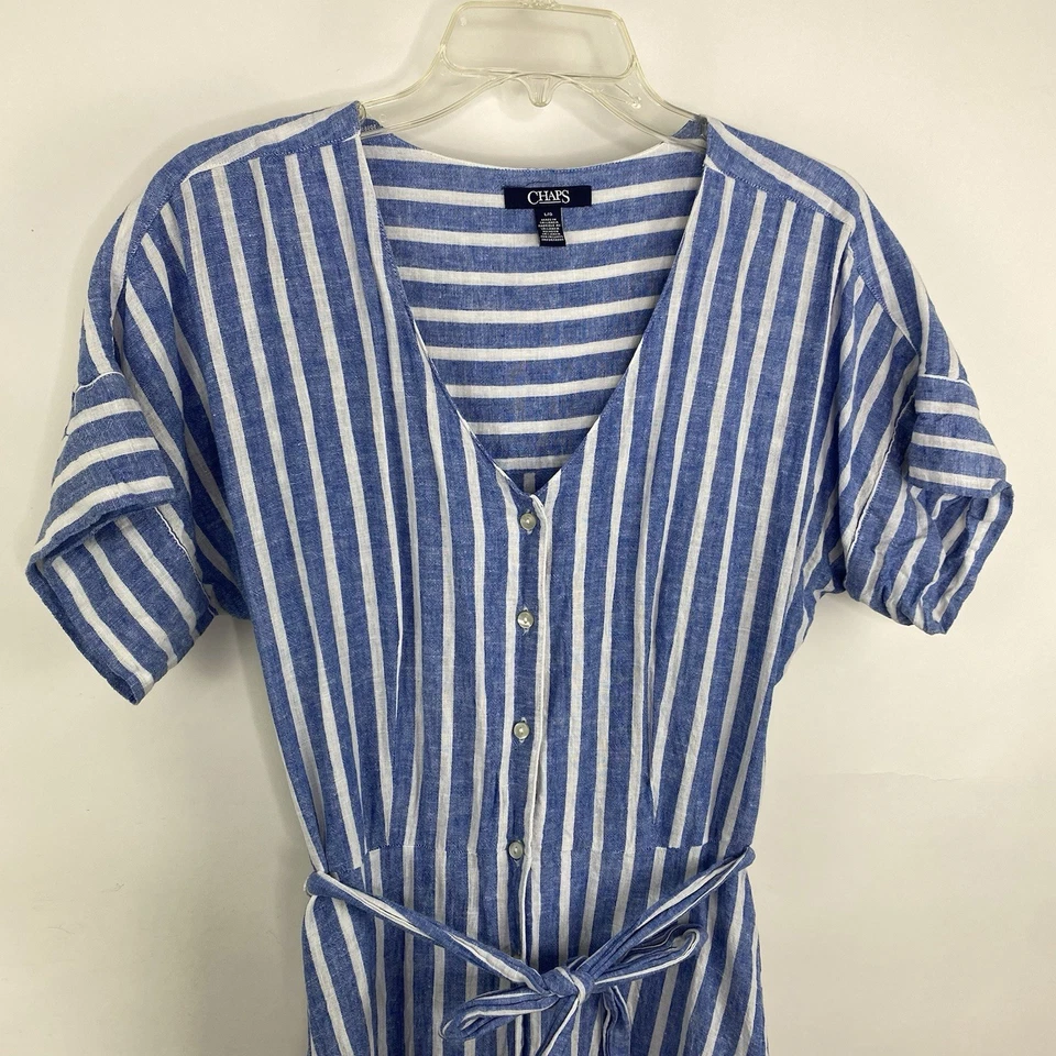 Camisa de vestir a rayas con botones talla grande lino/algodón cintura corbata cuello en V Foto 3 de 4