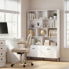 Bookshelf with Doors, 5-Tier Floor Standing Bookcase w/Anti-Tipping Kits