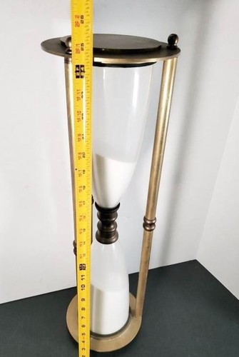 25" Tall Brass & Glass Hourglass White Sand Timer Vintage Decor Decorative - Picture 5 of 6