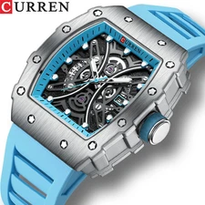 CURREN Men's Rectangular Quartz Watch 43mm Silicone Strap 3ATM Waterproof