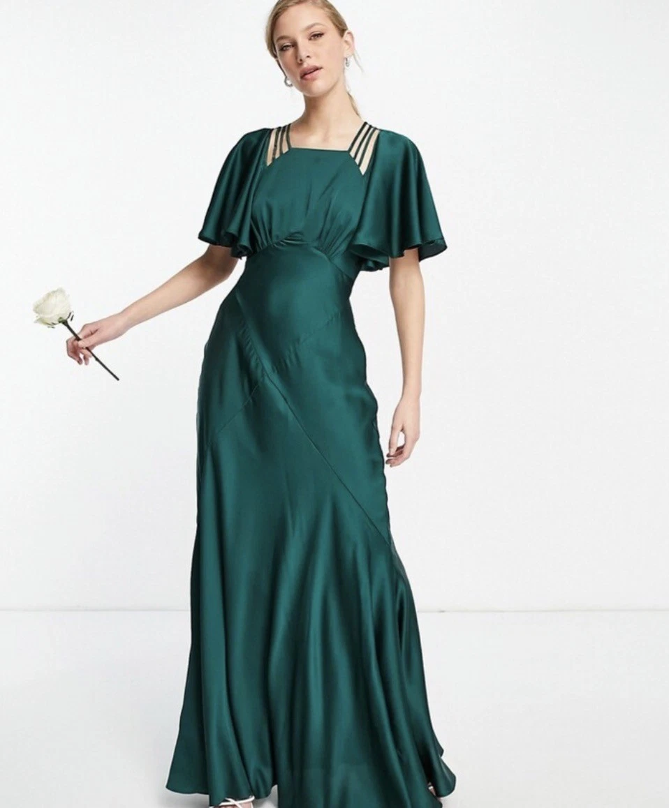 slim fit dress slacks Asos Edition Satin Kimono Sleeve Maxi Dress With Drape Skirt In Sage Green