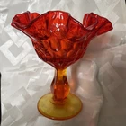 VTG Fenton Thumbprint Amberina Glass Compote Candy Dish Ruffle Rim 1960s GLOWS