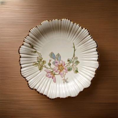 Antique Royal Worcester Fluted Cabinet Plate Pink Floral Gold Gilt Scalloped