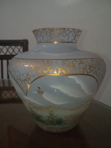 Fenton Hand Painted Art Glass Vase Landscape Design Gold Accents Decorative USA