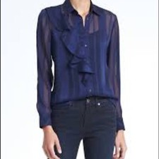 NWT Banana Republic Semi Sheer Striped Ruffle Dillon Blouse Shirt Navy XS 78