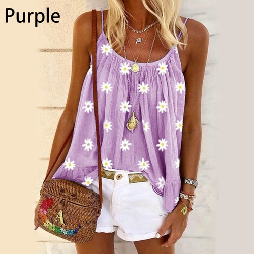 Women Summer Loose Casual Vest Tank Tops Sleeveless Boho Printed T-Shirt Blouse - Picture 7 of 12