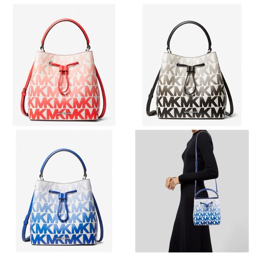 Michael Kors Suri Medium Graphic MK Signature Coral Patent Bucket Crossbody Bag - Picture 2 of 12