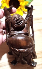 Hand Carved Wooden Happy Buddha 6" Statue Figurine Meditate