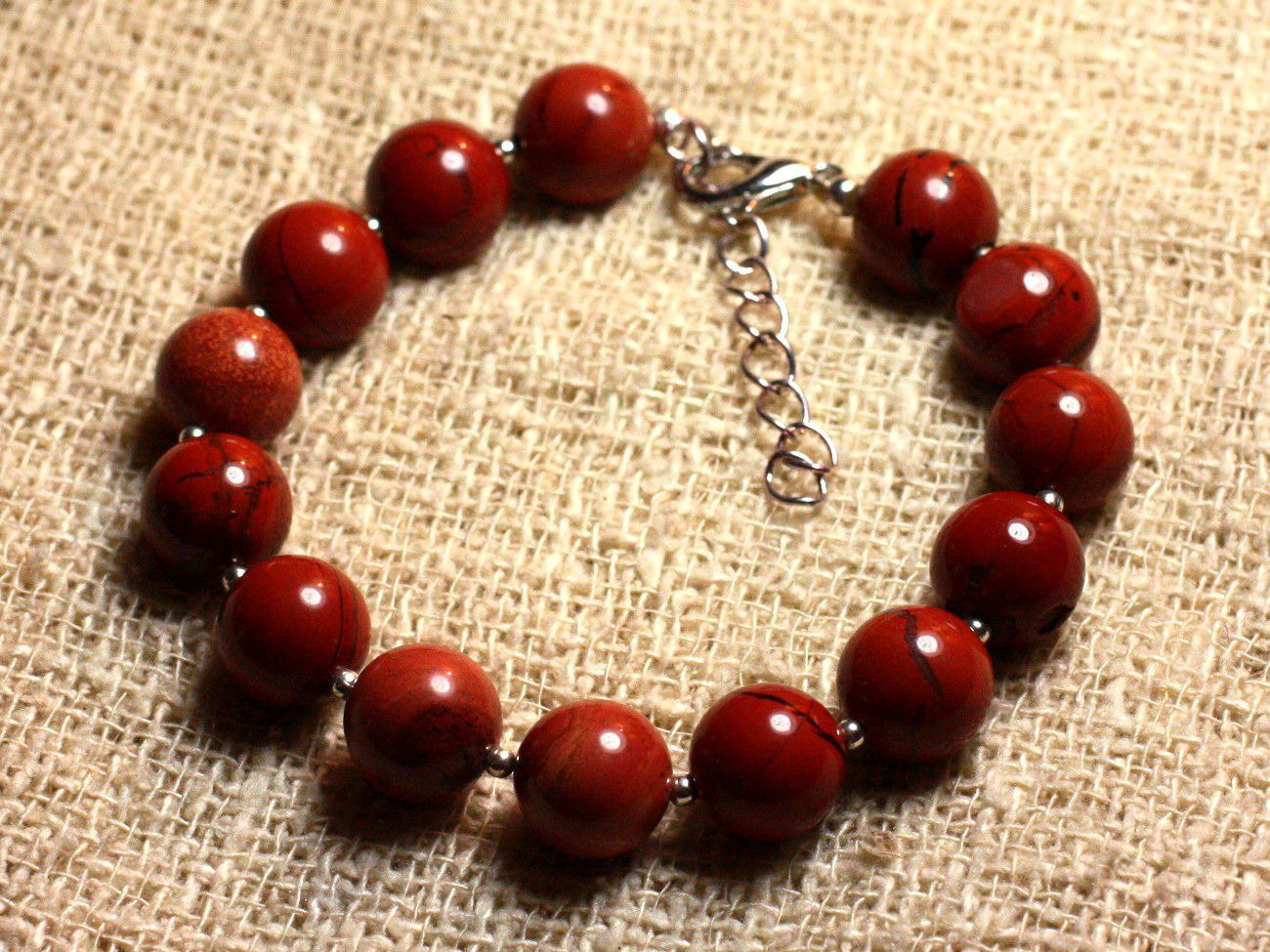 Bracelet en jaspe rouge 10mm et argent 925 véritable