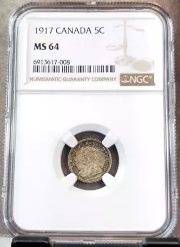 1917 CANADA SILVER 5 CENTS 5C KING GEORGE V NGC MS 64 SCARCE NICE BU COIN