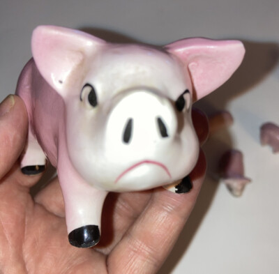 Vtg Collectible Kitsch Pink Mama Pig & 6 Piglets Ceramic Set 1186