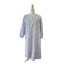 Lanz of Salzburg Tyrolean Flannel Nightgown Blue Floral Lace Long Sleeve Size M