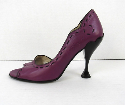 John Fluevog Hepburn Purple Leather Black Stitching Pumps Heels Open Toe