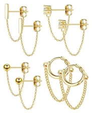 Set of 4 Gold Chain Earrings with CZ Ball Bar Huggie Hoop Dangle Design