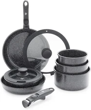 Click 10-Piece Ceramic Nonstick Cookware Set, Detachable Handle, Stackable Space