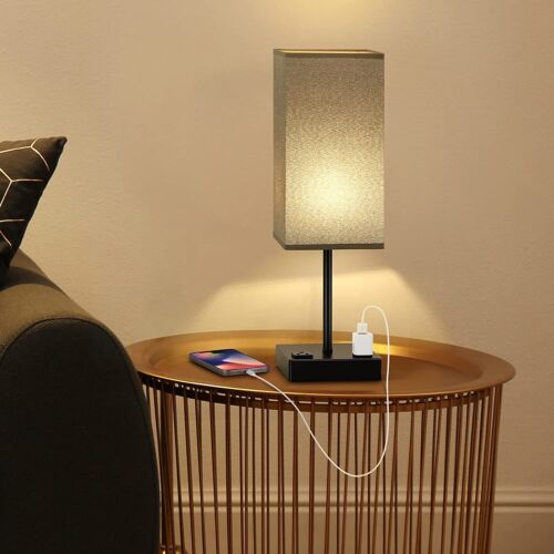 Set of 2 Touch Table Lamps Square Nightstand Lamp w/Dual AC Outlets & Lampshade - Picture 3 of 12