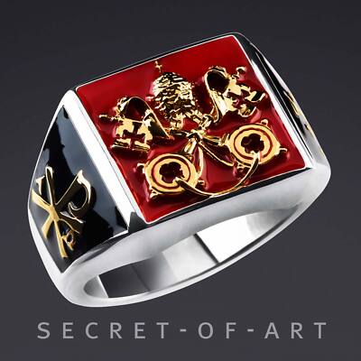 Vatikan Ring 925 Silber 750 Gelbgold-Vergoldung St. Peter Chi-Ro Alpha Omega