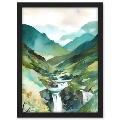 Flusskaskaden Wasserfall in nebliger Landschaft gerahmtes Wandbild Bild Druck A3