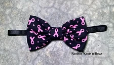 Breast Cancer Awareness Pre Tied Bow Tie, Pink Ribbons on Black