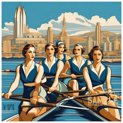 G. Arden Fox 2020 Women's Row Team * Fine Art Print * Art Deco City w Clouds Sky