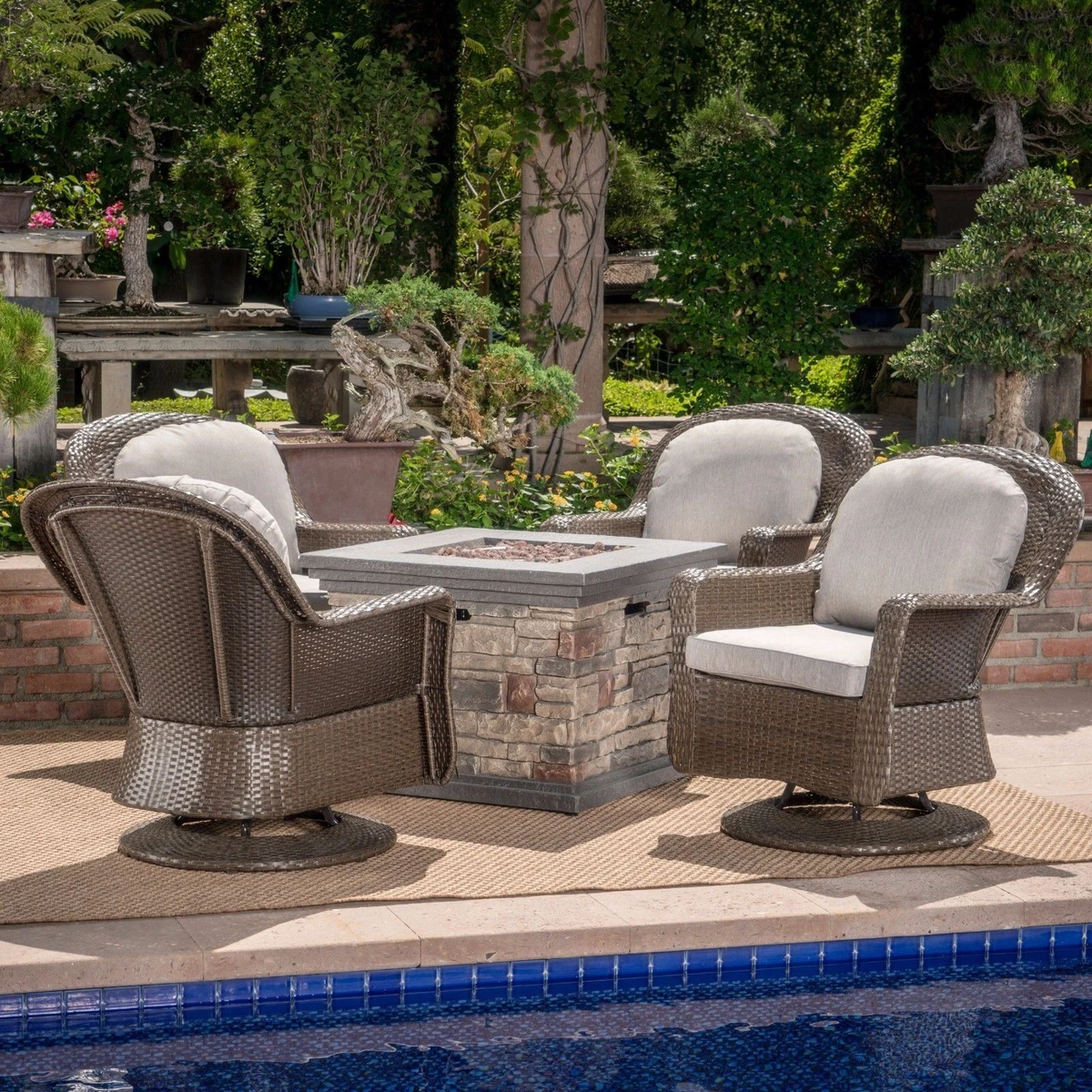 Fire pit chat set with swivel chairs new arrivals