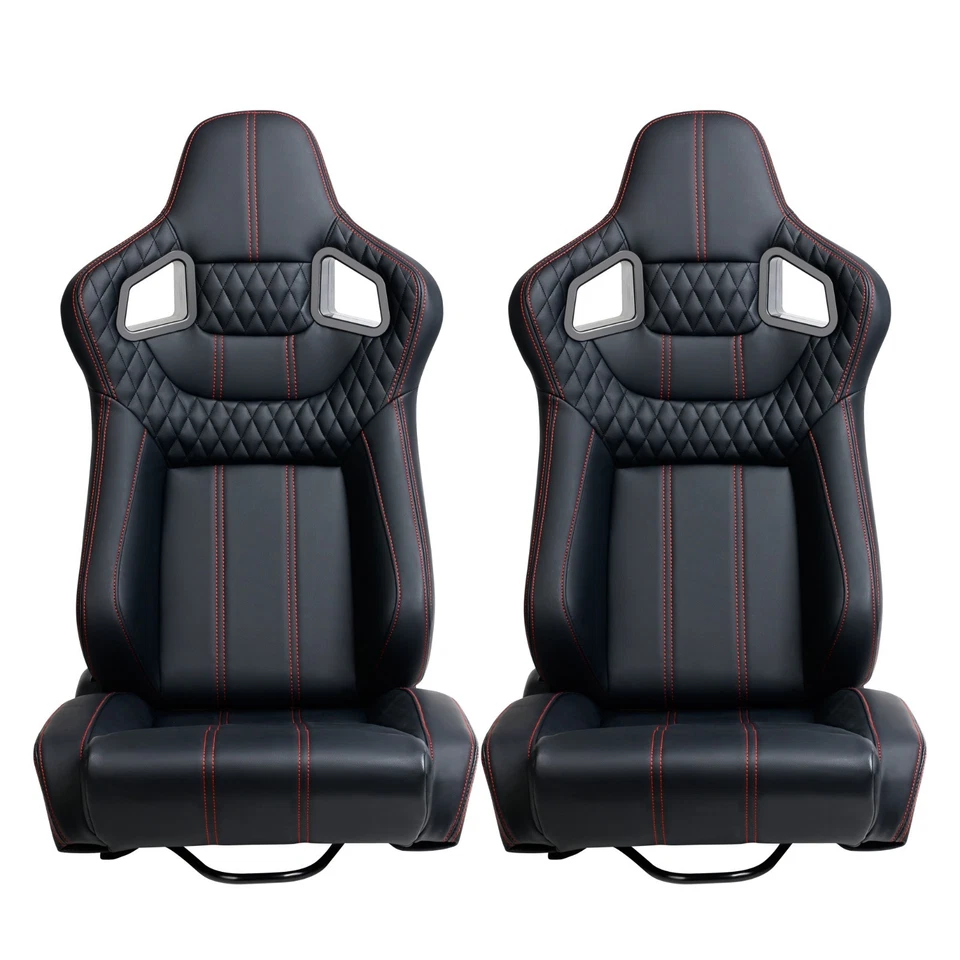 For Ford 2Pcs Car Racing Seats Adjustable Reclinable w/ Slider Red PVC Leather - Image 2 of 4