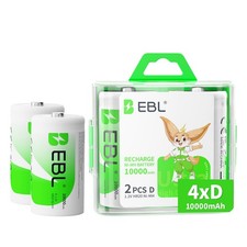EBL D Cell Batteries 10,000mAh Ultra Pro Ni-MH Rechargeable D Batteries, 4-P...