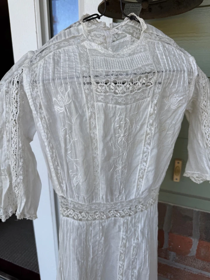 Antique Edwardian White Cotton Embroidered Tea Dress Lace Bridal Wedding Vintage - Image 4 of 4