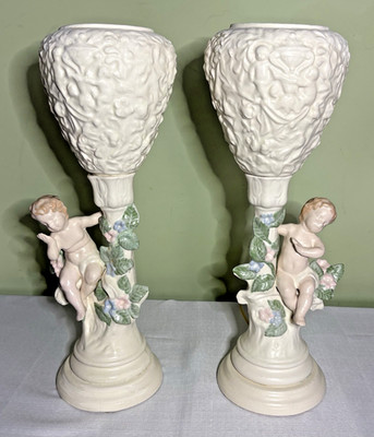 Rare Pair-1970 Ceramic Cherub/Putti Lamps w/Sculptural Urn-Shaped Globes-18.25''