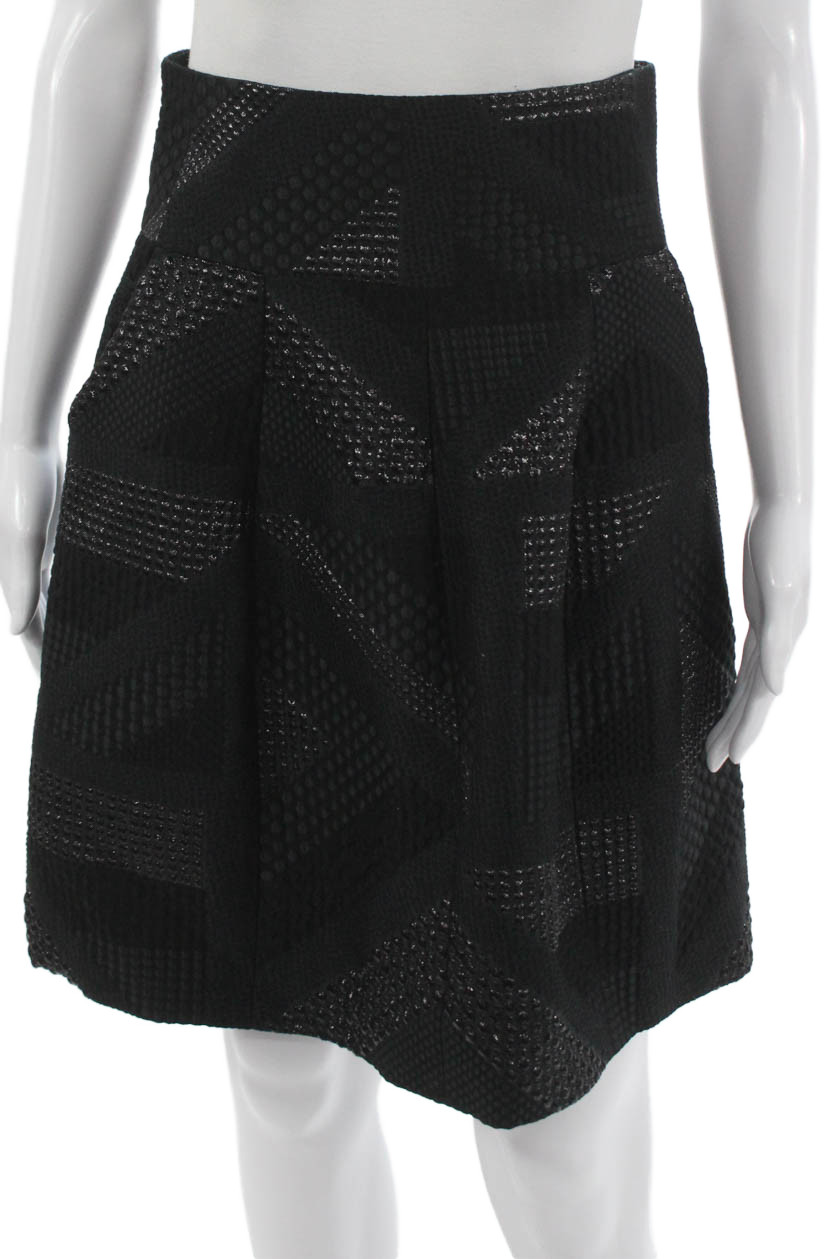 Etro Women Pleated Geometric Black Knee Length Skirt Polyester Zip Size 40Free Shipping in US $100+ Orders | $6.95 Orders Below