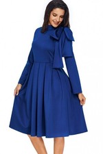 Dark Blue High Collar Bow Tied Pleated A Line Dress Size Medium
